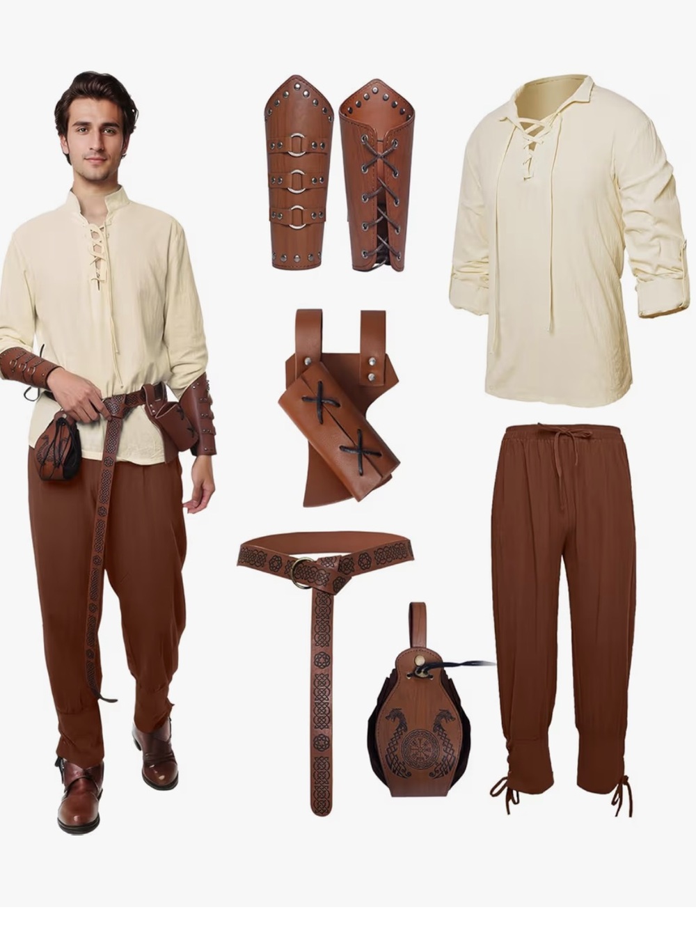Men's Cream Lace-Up Medieval Shirt and Brown Trousers Set